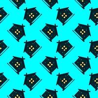 Cute house, seamless pattern on blue background. vector