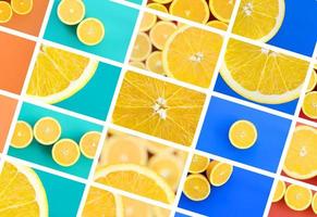 A collage of many pictures with juicy oranges. Set of images with fruits on backgrounds of different colors photo