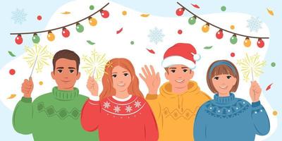 Group of different people in winter clothes together on a holiday party. Merry Christmas and Happy New Year. Vector illustration