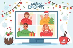 Christmas party online. Group of different people meeting on videoconference. Vector illustration