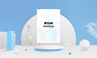 Hanging Vertical Poster Mockup on Podium Background vector