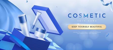 Blue Cosmetic Products for Skin Care with Open Gift Box Banner Template vector