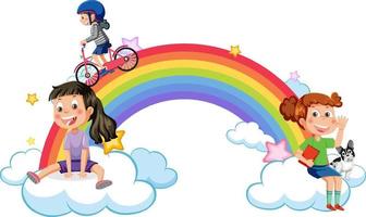 niños felices con arcoiris vector