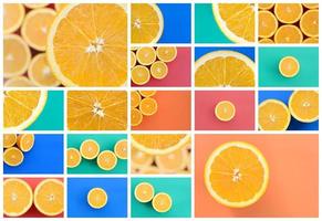 A collage of many pictures with juicy oranges. Set of images with fruits on backgrounds of different colors photo