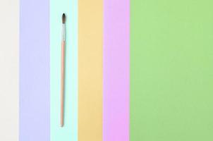 A new paint brush lie on texture background of fashion pastel pink, blue, green, yellow, violet and beige colors paper photo