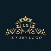 logotipo de la letra lx con escudo dorado de lujo. plantilla de vector de logotipo de elegancia.