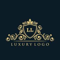logotipo de la letra ll con escudo dorado de lujo. plantilla de vector de logotipo de elegancia.