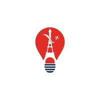 France Travel bulb shape concept Logo design. Paris eiffel tower with plane for travel logo design vector