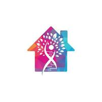 Dna tree home shape concept vector logo design. DNA genetic icon. DNA with green leaves vector logo design.
