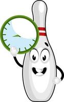 Bowling pin with clock, illustration, vector on white background.