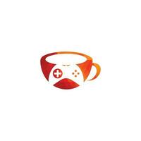 Game cafe logo. game button on coffee cup with typographic vector