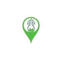 Lab tree map pin shape concept logo. Green lab vector logo design. Leaf and Lab Bottle logo