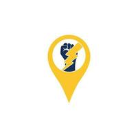 Fist Thunder Power map pin shape concept Logo Design. Hand hold thunder logo design. vector