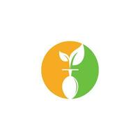 Healthy food logo template. Organic food logo with spoon and leaf symbol. vector