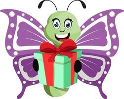 Butterfly with birthday present, illustration, vector on white background.