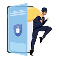 hacker thief in smartphone vector