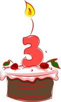 Birthday cake with number three, illustration, vector on white background.