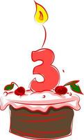 Birthday cake with number three, illustration, vector on white background.