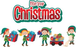 Merry Christmas text with elves cartoon character vector