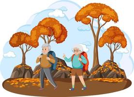 Senior tourists hiking in nature vector