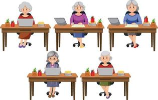 Old woman sitting in front of computer vector