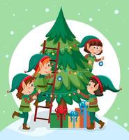 Christmas tree with elves cartoon character vector