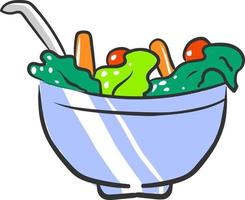 Blue bowl with salad, illustration, vector on white background.