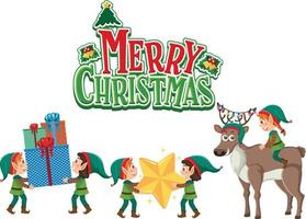 Merry Christmas text with elves cartoon character vector