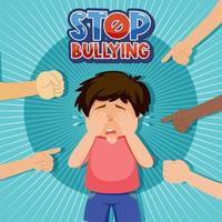 Stop Bullying text with kid surrounded by pointing fingers vector