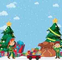 Christmas background with elves and gifts vector