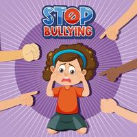 Stop Bullying text with kid surrounded by pointing fingers vector