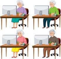 Elderly people sitting in front of computer vector