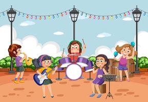 Kids music band playing at park vector