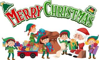 Merry Christmas text with elves making Christmas tree vector