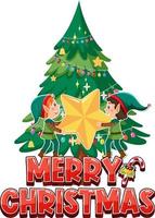 Merry Christmas text with elves and Christmas tree vector