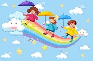 Happy kids in in the sky with rainbow vector