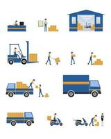 set flat vector character business logistic and shipping step process concept with business team working