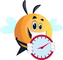 Abeja sosteniendo el reloj, ilustración, vector sobre fondo blanco.