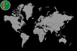 Pin map with Turkmenistan flag on world map. Vector illustration.