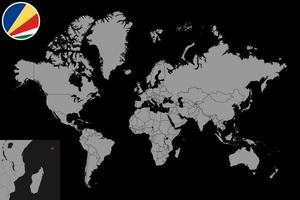 Pin map with Seychelles flag on world map. Vector illustration.