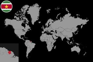 Pin map with Suriname flag on world map. Vector illustration.