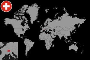 pin mapa con bandera suiza en el mapa mundial. ilustración vectorial vector