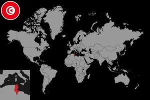 Pin map with Tunisia flag on world map. Vector illustration.