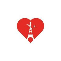 diseño de logotipo de concepto de forma de corazón de viaje de francia. torre eiffel de parís con diseño de logotipo de avión para viajes vector