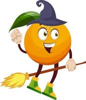 Orange flying on broom, illustration, vector on white background.