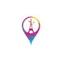 diseño de logotipo de concepto de forma de pin de mapa de viaje de francia. torre eiffel de parís con diseño de logotipo de avión para viajes vector