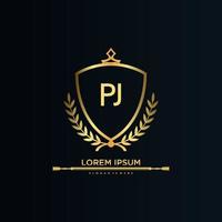 letra pj inicial con plantilla real.elegante con vector de logotipo de corona, ilustración de vector de logotipo de letras creativas.