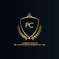 letra pc inicial con plantilla real.elegante con vector de logotipo de corona, ilustración de vector de logotipo de letras creativas.