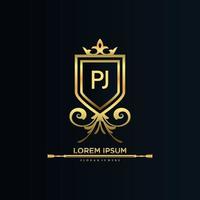 PJ Letter Initial with Royal Template.elegant with crown logo vector, Creative Lettering Logo Vector Illustration.