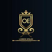 OE Letter Initial with Royal Template.elegant with crown logo vector, Creative Lettering Logo Vector Illustration.